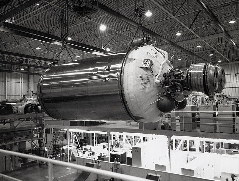 A Centaur upper-stage rocket, designed by Krafft Ehricke, during assembly in 1962, NASA photograph (celestis.com)