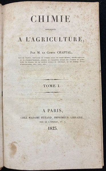 Title page, Chimie appliquée a l'agriculture, vol. 1 (of 2), 1823 (Linda Hall Library)