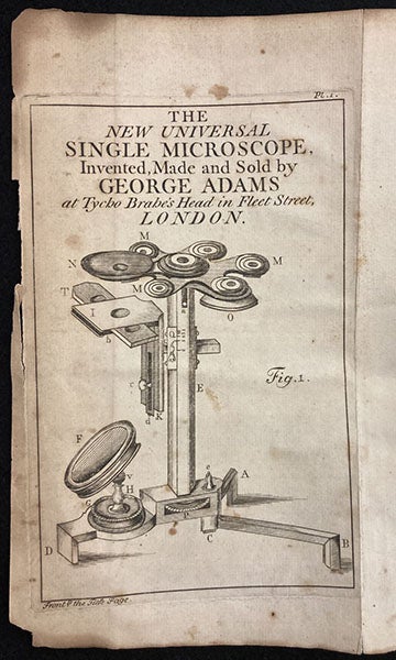 An Adams universal microscope, engraved frontispiece, Micrographia illustrata; or, The Knowledge of the Microscope Explain'd, by George Adams, 1747, gift of Ruth Patrick, with bookplate of Frank Patrick (The Linda Hall)