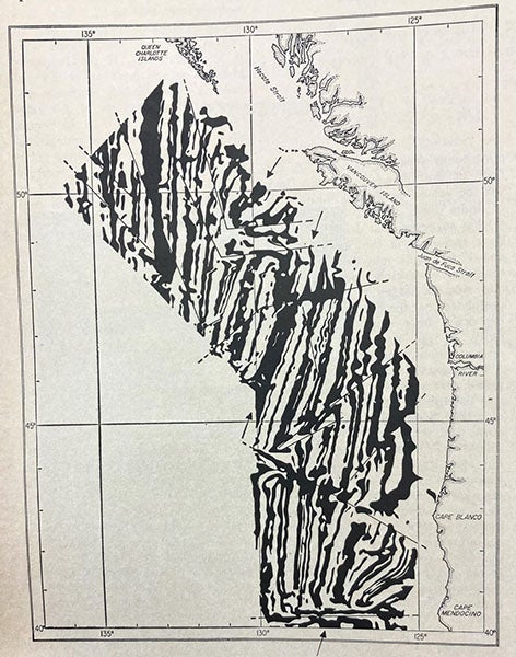Magnetic field anomalies southwest of Vancouver Island, northeast Pacific Ocean, east and west of the Juan de Fuca ridge, illustrating the Vine-Matthews-Morley hypothesis, in “Spreading of the ocean floor: New evidence,” by F. J. Vine, Science, vol. 154, p.1406, 1966 (Linda Hall Library)