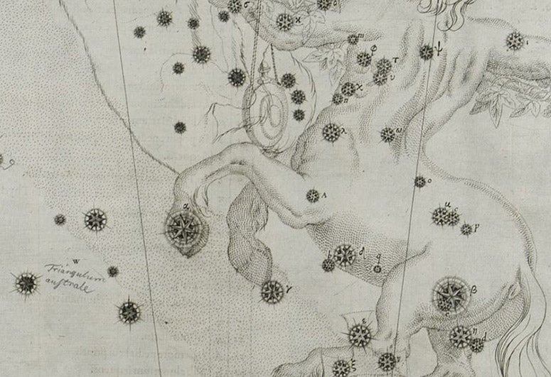 Alpha Centauri, on the left forefoot of the Centarur, in Johann Bayer, <i>Uranometria</i>, 1603. For the compete plate, see third image (Linda Hall Library)