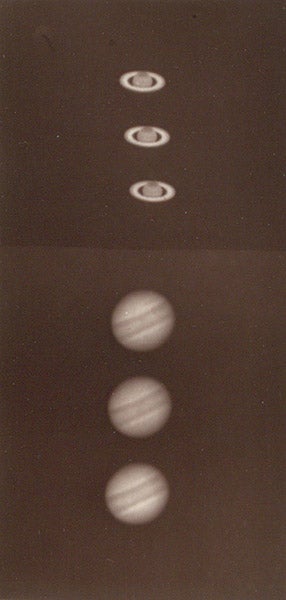 Views of Saturn and Jupiter, photographed by the Henry brothers at the Paris Observatory, 1886, in La photographie astronomique a l'Observatoire de Paris et la Carte du Ciel, by Ernest Mouchez, 1887 (Linda Hall Library)