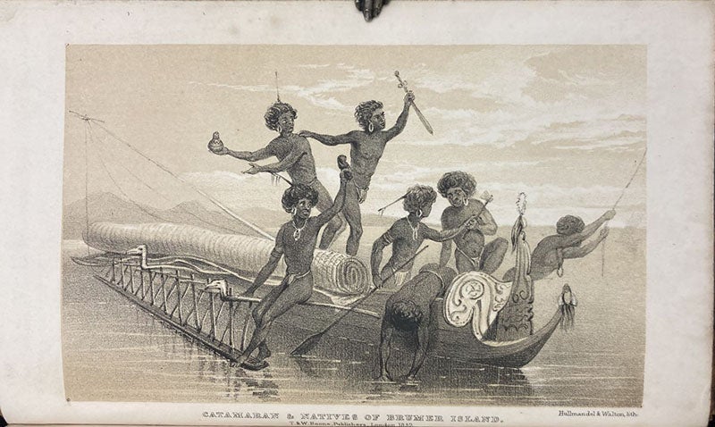 Torres Strait Islanders, similar to as those who rescued Barbara Crawford Thompson from a shipwreck and took her to Muralag Island, lithographed frontispiece, Narrative of the Voyage of H.M.S. Rattlesnake, commanded by the late Captain Owen Stanley... during the years 1846-50, by John MacGillivray, vol. 1, 1852 (Linda Hall Library)