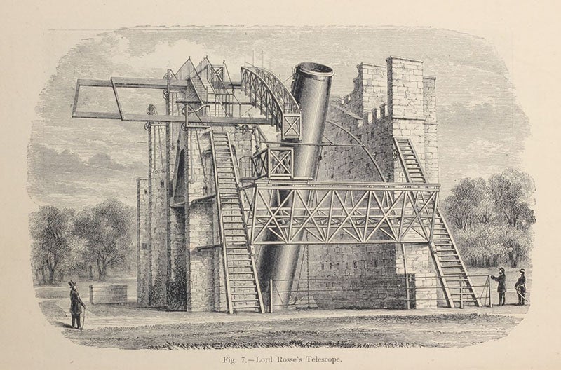 The 72-inch reflecting telescope at Birr Castle, Parsonstown, Ireland, where J.L.E. Dreyer began his career in astronomy in 1874, engraving in The Story of the Heavens, by Robert Stawell Ball, 1901 (Linda Hall Library)