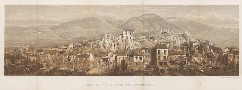 “City of Polla after the earthquake,” folding frontispiece, tinted lithograph after photograph 161, Robert Mallet, <i>Great Neapolitan Earthquake of 1857</i>, 1862 (Linda Hall Library)
