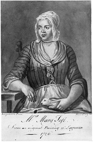 Portrait of Mary Toft, black-and-white reproduction of painting, 1726, location of original unknown (Wikimedia commons)