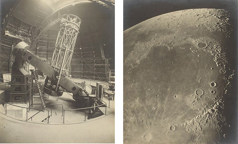 Two photographs taken by Francis Pease, one showing the 100-inch Hooker telescope at Mount Wilson Observatory (left), the other the Mare Imbrium region of the Moon (right), taken Sep. 15, 1919, both photos sold at auction at Sotheby’s, 2017 (sothebys.com)