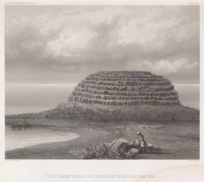 Columnar basalt in the Feroe Islands, aquatint, from Joseph-Paul Gaimard, Voyages … en Scandinavie, en Laponie, au Spitzberg et aux Feröe, 1840-55 Atlas geologique (Linda Hall Library)