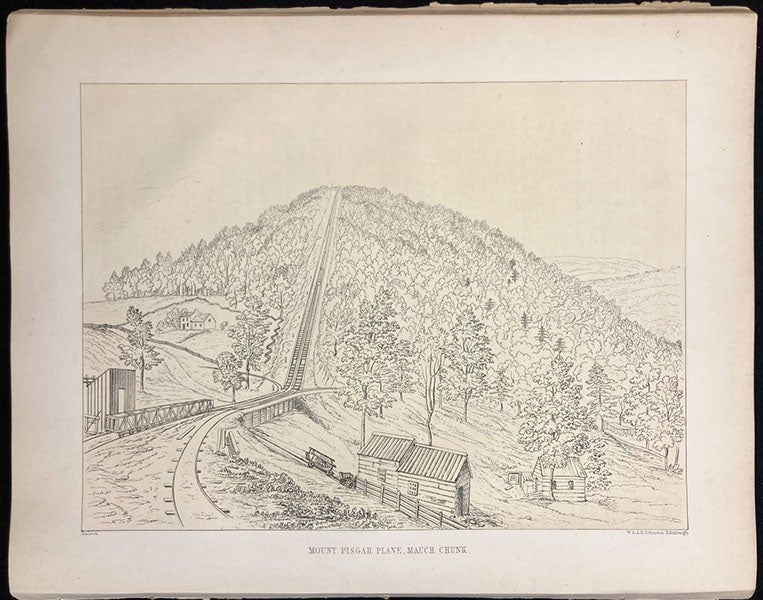 “Mount Pisgah Plane [inclined railway], Mauch Chunk,” monochrome lithograph, uncropped, The Geology of Pennsylvania; a Government Survey, by Henry Darwin Rogers, vol. 2, 1858 (Linda Hall Library)