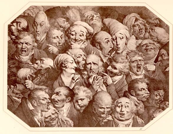 Caricatures of human faces, calotype copy of a lithograph, in Talbot, The Pencil of Nature, 1844 (University of Glasgow Libraries, Special Collections)