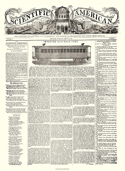 Page 1 of Scientific American, volume 1, issue 1, Aug. 28, 1845 (Wikimedia commons)