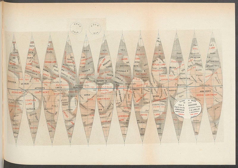 Gores for a Martian globe, chromolithograph, by Louis Niesten, in his “Observations sur l’aspect physique de la planète Mars pendant les oppositions de 1884 à 1894”, by Louis Niesten, Annales de l’observatoire royal de Belgique, vol. 8, 1904 (Linda Hall Library)