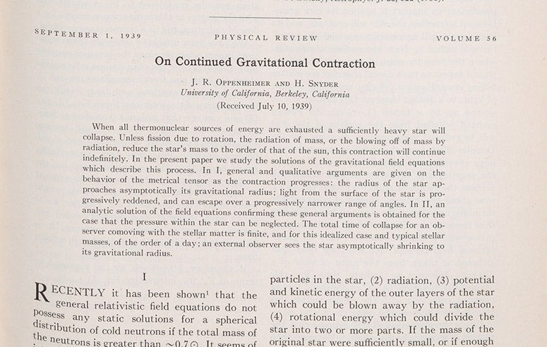 Detail of first page of article by Robert Oppenheimer and Hartland Snyder, in which the existence of black holes is predicted, Physical Review, vol. 56, p. 374, 1939 (Linda Hall Library)