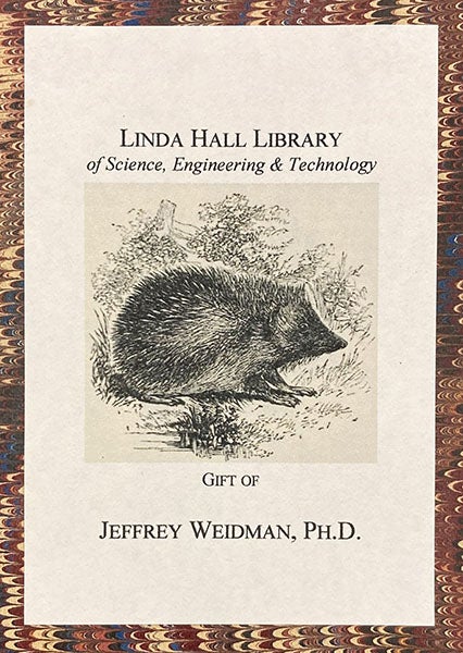 Book plate acknowledging gift of Jeffrey Weidman, designed by Bruce Bradley, The Natural History and Antiquities of Selborne, by Gilbert White, edited by William Jardine, inside front cover, 1853 (Linda Hall Library)