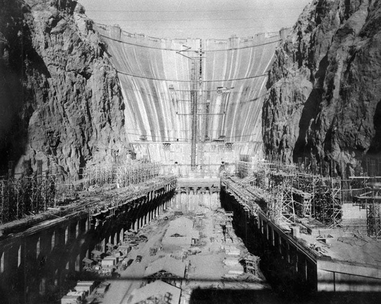 Almost completed Hoover Dam, from downstream on the Colorado River, photograph, 1935 (usbr.gov)