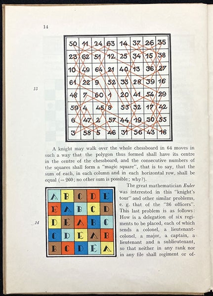 Printed color diagrams illustrating the “knight’s walk” and Euler’s problem of the “36 soldiers,” Mathematical Snapshots, by Hugo Steinhaus, p. 14, 1938 (Linda Hall Library)