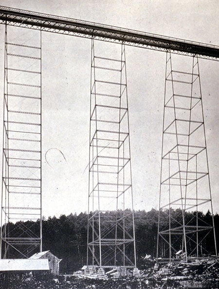 Towers of the Kinzua Viaduct. Image source: Phoenix Bridge Company. Album of Designs of the Phoenix Bridge Company: Successors to Clarke, Reeves & Co., Phoenixville Bridge Works. Philadelphia: J.B. Lippincott, 1885, pl. 8.