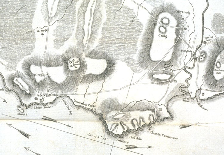 Antrim coast map. Image source: Hamilton, William. Letters Concerning the Northern Coast of the County of Antrim. Containing a Natural History of Its Basaltes ... In These Letters Is Stated a Plain and Impartial View of the Volcanic Theory of the Basaltes. London: Printed by G. Robinson and Co., 1786, frontispiece.