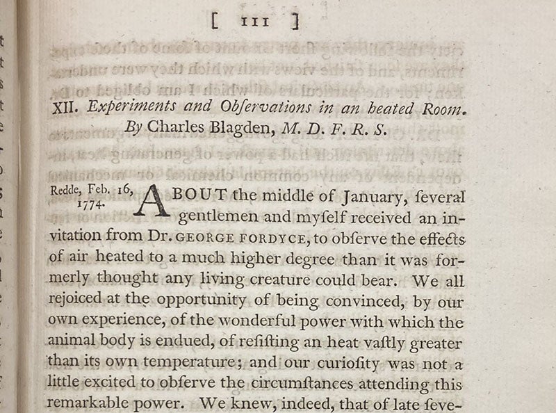 First page of paper, “Experiments and Observations in a heated room,” Charles Blagden, Philosophical Transactions of the Royal Society, vol. 65, 1775 (Linda Hall Library)