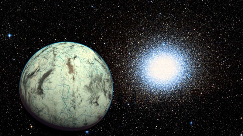 Exoplanet Kapteyn b and globular cluster omega Centauri, artist’s conception (Science News)