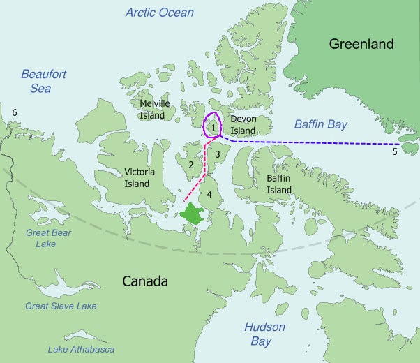 Modern map of the Franklin Expedition of 1845-48, with conjectured path of the ships through the Arctic archipelago, which ends just north of King William’s Land (dark green island on map) (Wikimedia commons)