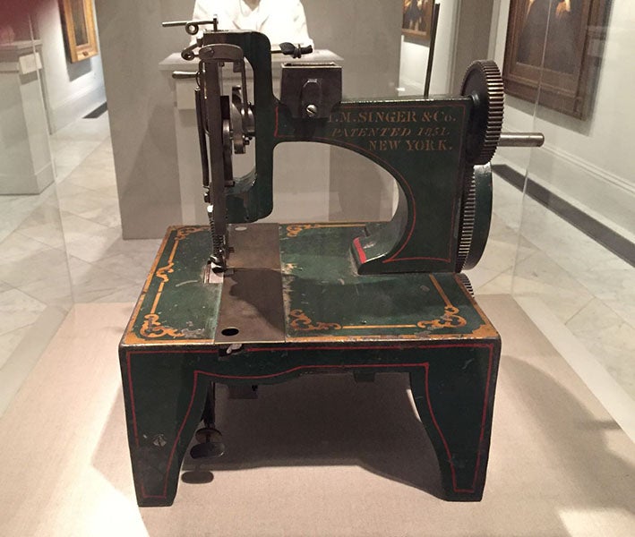 Patent model for Isaac M. Singer's patent application for his sewing machine, patent granted Aug. 12, 1851, National Museum of American History, Smithsonian Institution (author’s photo)