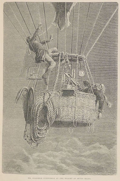 “Mr. Glaisher insensible at the height of 7 miles,” wood engraving by Charles Leplante, depicting the plight of the Mammoth on Sep. 5, 1862, in Travels in the Air, by James Glaisher, 1871 (Linda Hall Library)