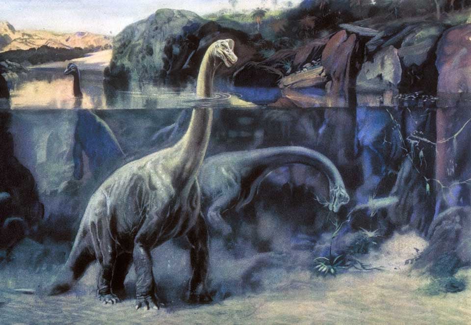 Restoration of Brachiosaurus. This work was on display in the original exhibition as item 48. Image source: Augusta, Joseph; illustrated by Zdenek Burian. Prehistoric Animals. London: Spring Books, [1957], pl. 26.