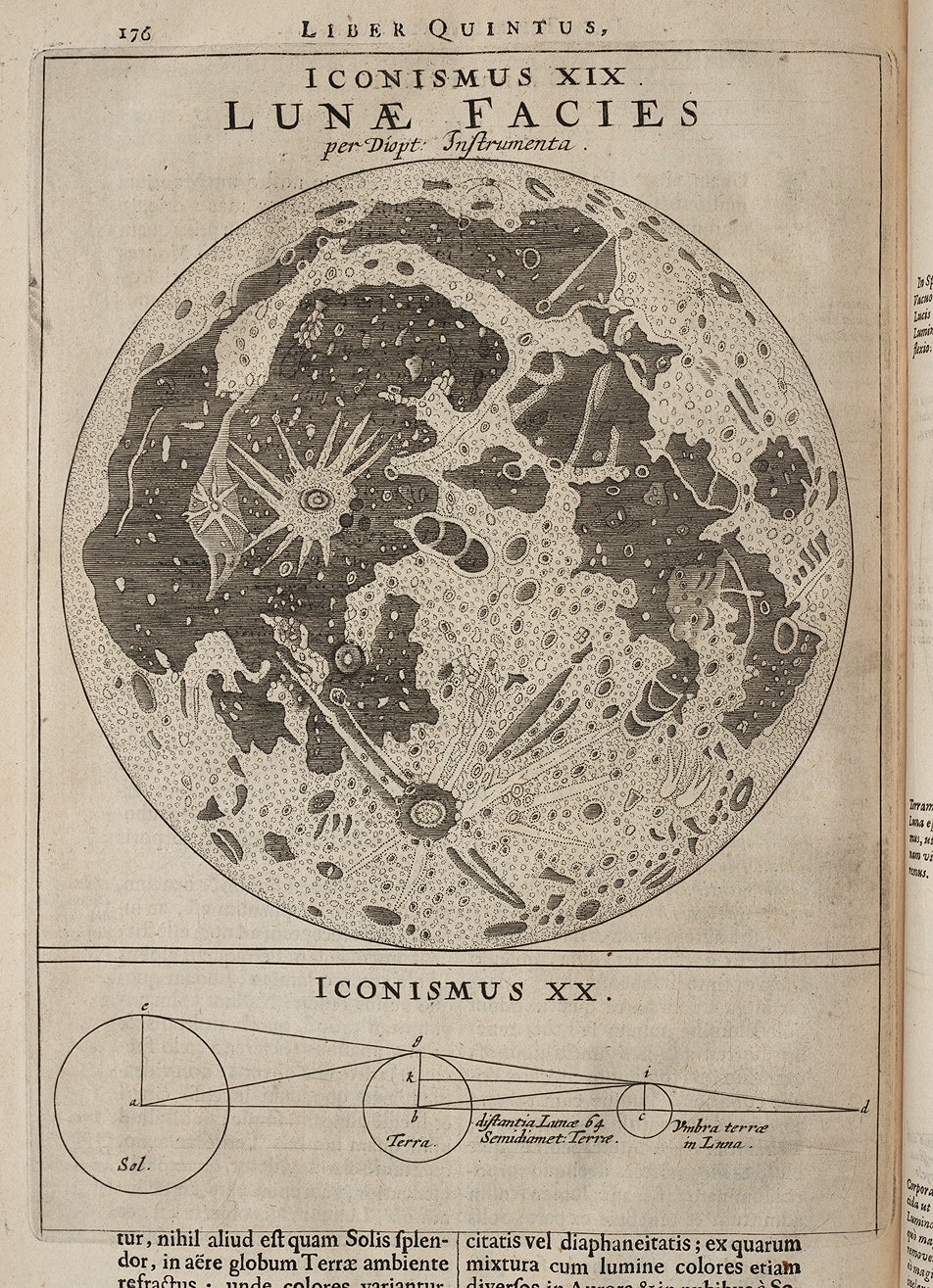 While Divini's map is usually treated as his own handiwork, it is evident that he had one eye at the telescope and the other on the work of his predecessor Hevelius. Compare the southeast quadrants, and if one discounts the different engraving styles, the similarities between the two are apparent, especially the rabbit ears of Stevinus and Furnerius at the bottom, and the pancaked appearance of the maria at right. 