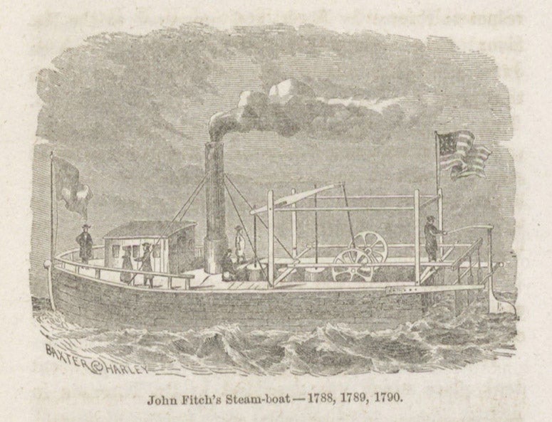 Steamboat of 1788-90, built by John Fitch, with horizontal oars at the stern, wood engraving in The Life of John Fitch, the Inventor of the Steamboat, by Thompson Westcott, p. 284, 1857 (Linda Hall Library)