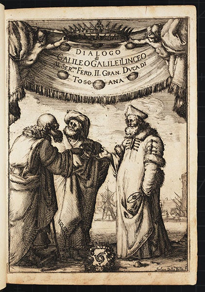 Frontispiece, etching by Stefano della Bella, Galileo Galilei, Dialogo, 1632 (Linda Hall Library)