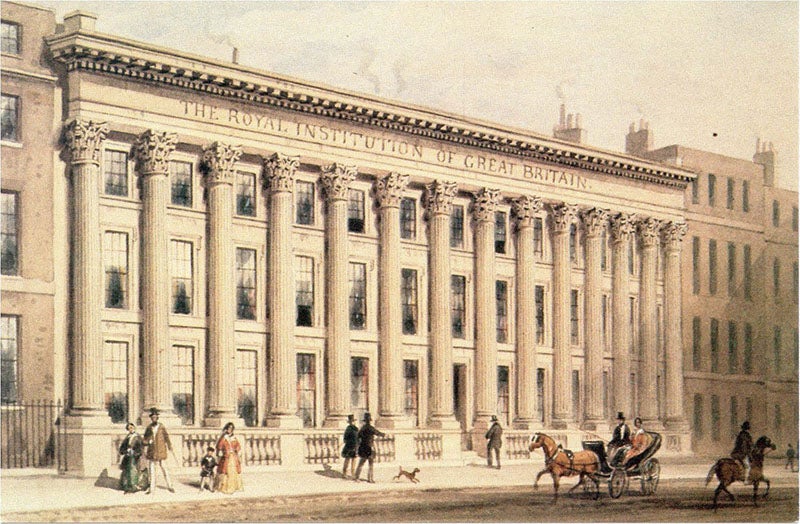 Façade of the Royal Institution of Great Britain, Albemarle Street, London, engraving, 1838 (Wikimedia commons)
