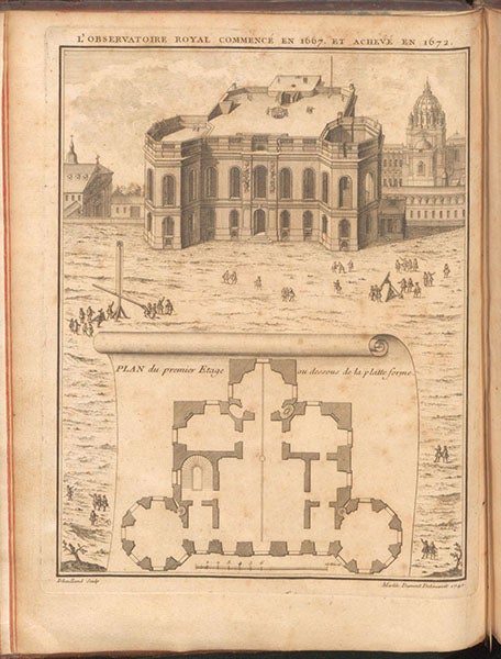 Paris Observatory, view and ground-plan, engraved frontispiece, Histoire céleste, by Pierre-Charles Le Monnier, 1741 (Linda Hall Library)