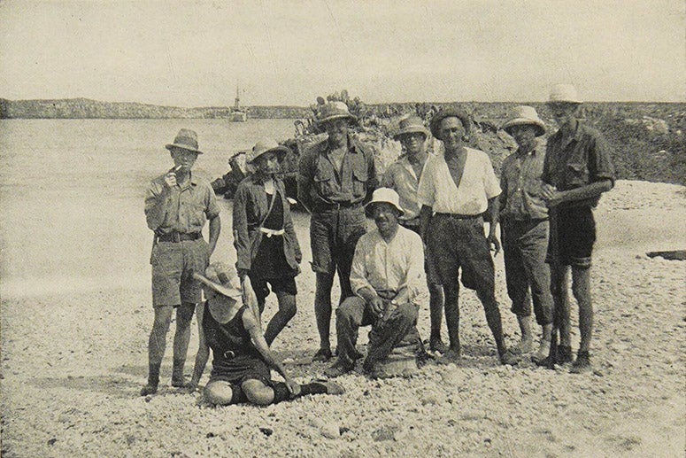 Members of William Beebe’s first Galapagos expedition, with Beebe at far right, Isabel Cooper (seated, second from left), and Ruth Rose (third from left),1923 (Wikimedia commons)