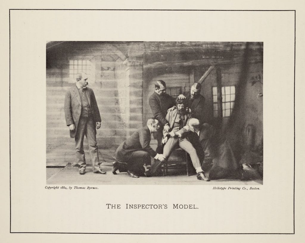 Suspects were reluctant to have their pictures taken and had to be forced to sit for a portrait. Thomas Byrnes, far left, watches as his men wrestle a suspect into position to be photographed. Image source: Byrnes, Thomas. 1886 Professional Criminals of America. 1886. Chelsea House, 1969.