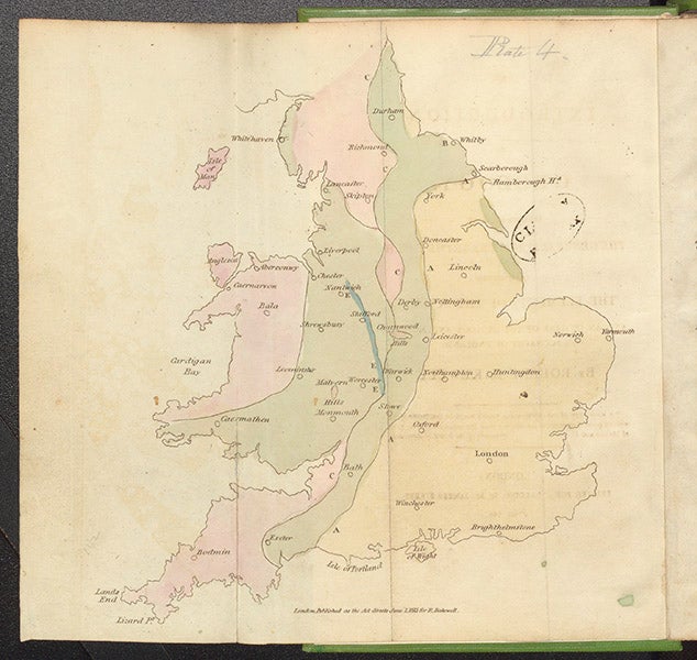 Geological map of England, hand-colored engraving, frontispiece in our copy of Robert Bakewell, An Introduction to Geology, first ed., 1813 (Linda Hall Library)