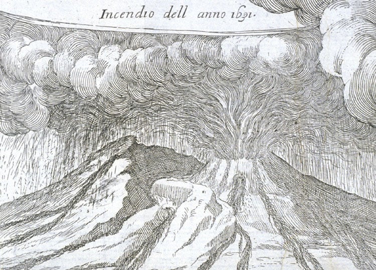 Eruption of Mount Vesuvius in 1631. Image source: Bulifon, Antonio. Raguaglio istorico dell incendio del Monte Vesuvio succenduto nel mese d’Aprile 1694: con una breve notizia degl’incendi antecendenti. Naples: presso Antonio Bulifon, 1696, frontispiece.