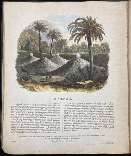 “Air Volcanoes,” entire page, with hand-colored wood engraving by Josiah Wood Whymper, [Natural Phenomena], plate 18, 1846 (Linda Hall Library)
