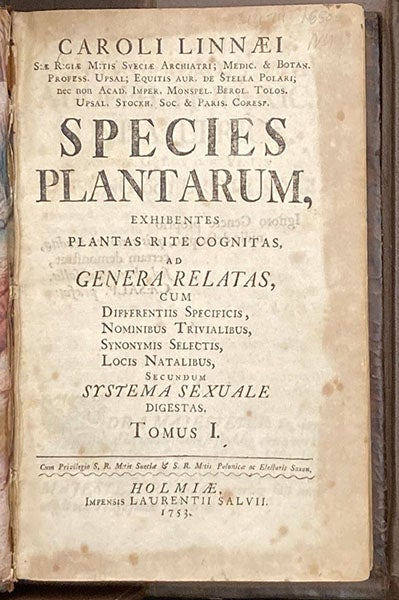 Title page, Species plantarum, by Carl Linnaeus, vol. 1, 1753, (Linda Hall Library)