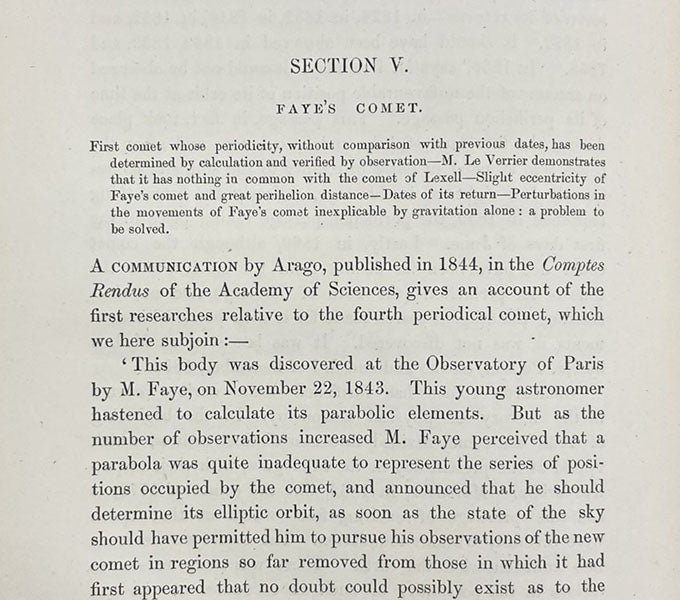 Beginning of a chapter on Faye’s comet, in The World of Comets, by Amédée Guillemin, transl. by James Glaisher, p. 116, 1877 (Linda Hall Library)