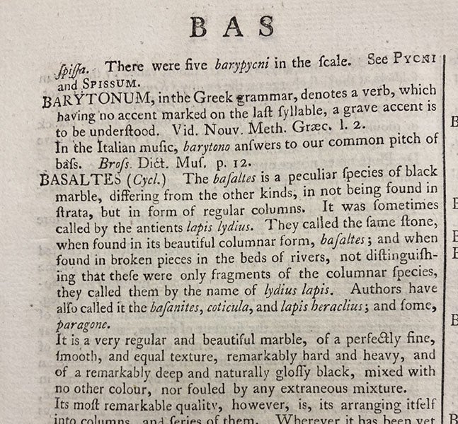 Beginning of entry on “Basaltes,” A Supplement to Mr. Chambers's Cyclopaedia: or, Universal Dictionary of Arts and Sciences, ed. by John Hill et al., vol. 1, 1753 (Linda Hall Library)