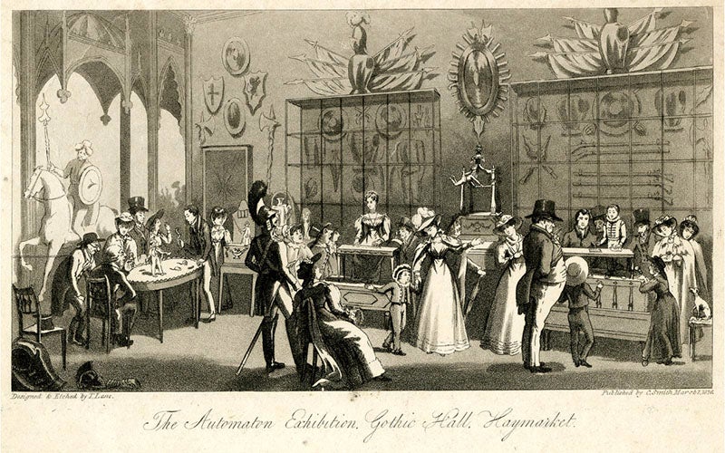 “The Automaton Exhibition, Gothic Hall, Haymarket,” aquatint by T. Lane, 1826, British Museum; the writing boy can be seen at the right (britishmuseum.org)