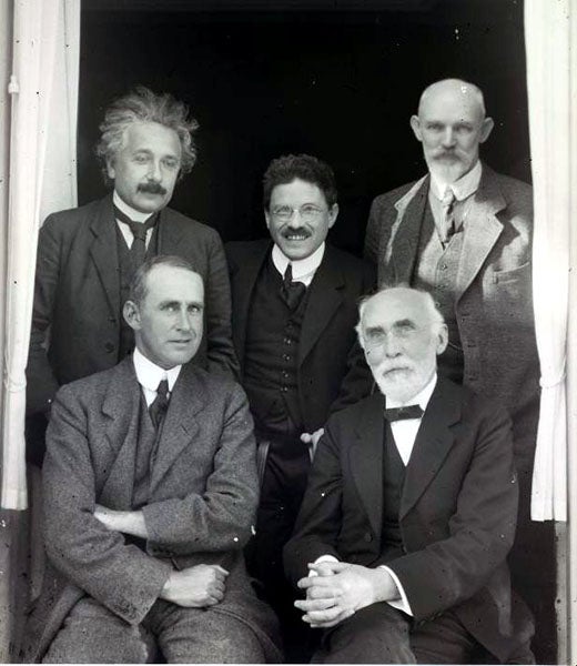 A famous group portrait of 1923 that included Willem de Sitter at top right, as well as (left to right):  Albert Einstein, Arthur Eddington, Paul Ehrenfest, and Hendrik Lorentz (Wikimedia commons)