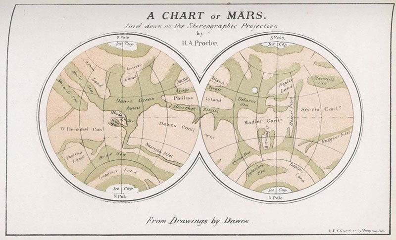 Complete map of Mars, by Richard A. Proctor, tinted lithograph in his Other Worlds than Ours, fifth London ed., 1882 (Linda Hall Library)