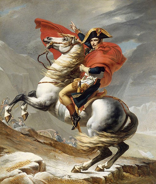 Napoleon Crossing the Alps, oil on canvas, by Jacques-Louis David, 1802, Palace of Versailles (Wikimedia commons)