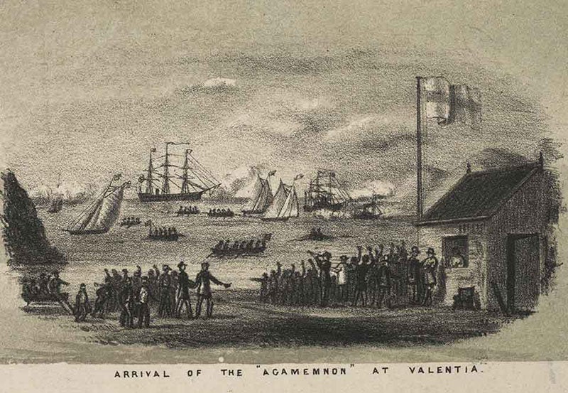 Arrival of the Agamemnon at Valentia, Ireland, with the eastern end of the 1858 cable, lithograph in Laying the Atlantic Telegraph Cable from Ship to Shore, by John R. Isaac, 1857-58 (Linda Hall Library)
