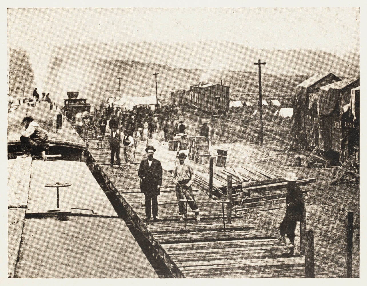Alfred A. Hart 1869 photograph of Central Pacific crews at Camp Victory, west of Promontory Summit, Utah. Charles Crocker named the camp "Victory" after his crews laid 10 miles of track in one day, winning a bet with Union Pacific officials.