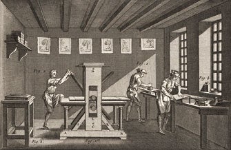 Copperplate press. Image source: Diderot, Denis, et al. Recueil de planches, sur les sciences, les arts libéraux, et les arts méchaniques, avec leur explication. Vol. 7, Paris: Chez Briasson ..., 1762, pl. 1.

