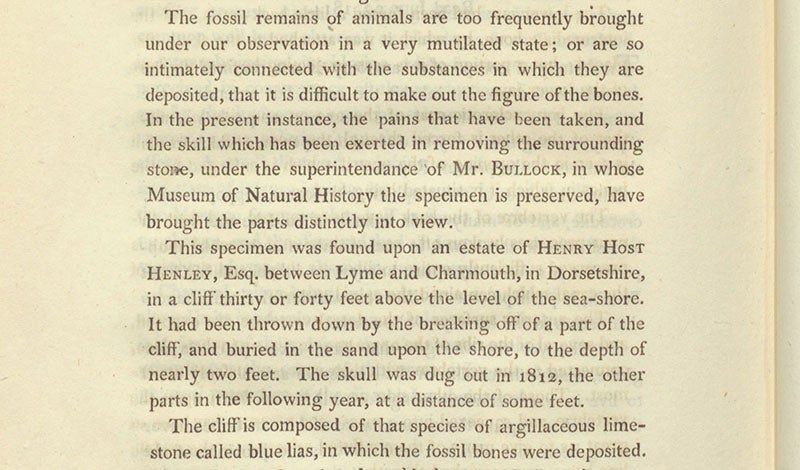 Detail of second page by paper by Everard Home, naming the sources of the fossil being discussed, without mentioning the discoverer, Mary Anning, Philosophical Transactions of the Royal Society of London, vol. 106, 1816 (Linda Hall Library)