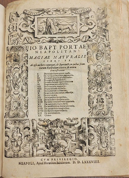 Woodcut title page with table of contents, Magiae naturalis libri XX, by Giovanni Battista della Porta, 1589, photo by Bruce Bradley (Linda Hall Library)